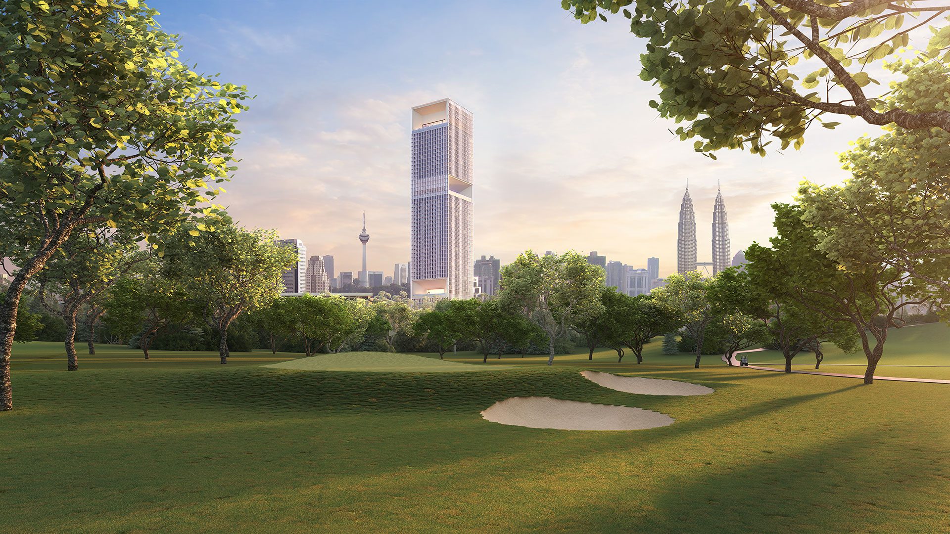 The Conlay seen across the Royal Selangor Golf Club, with the Kuala Lumpur skyline behind