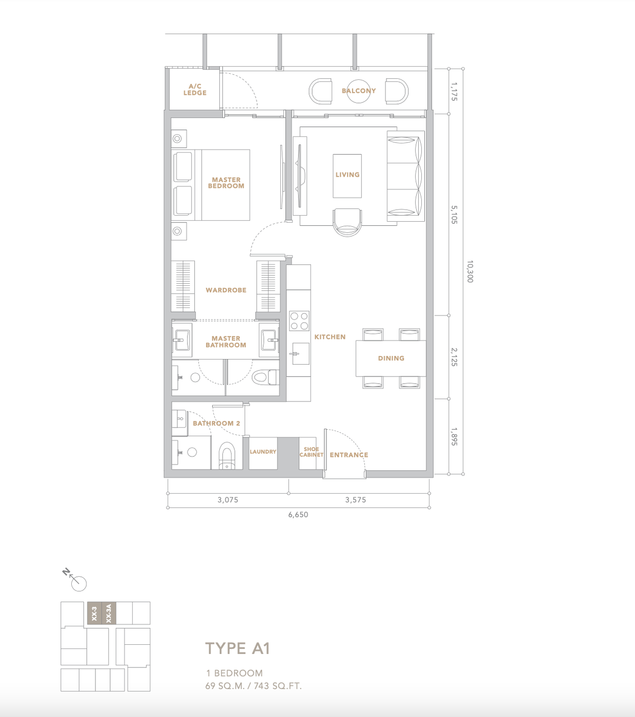 Type A1 floor plan, 743 sqft