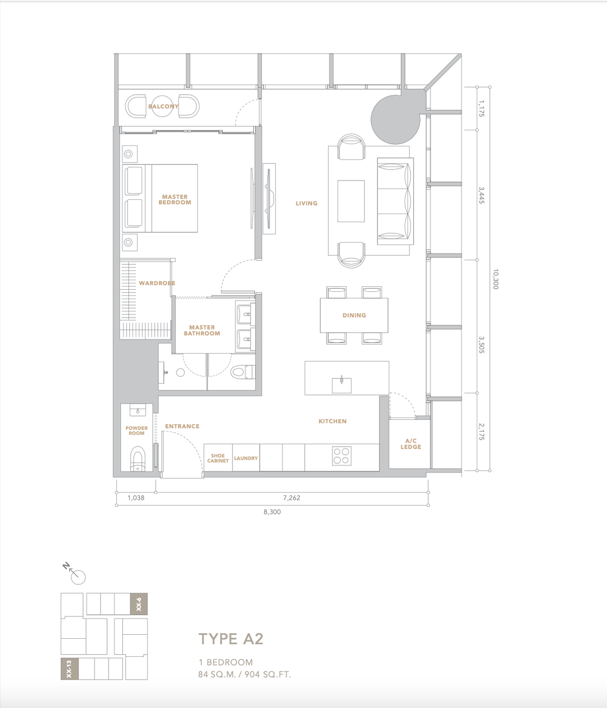 Type A2 floor plan, 904 sqft